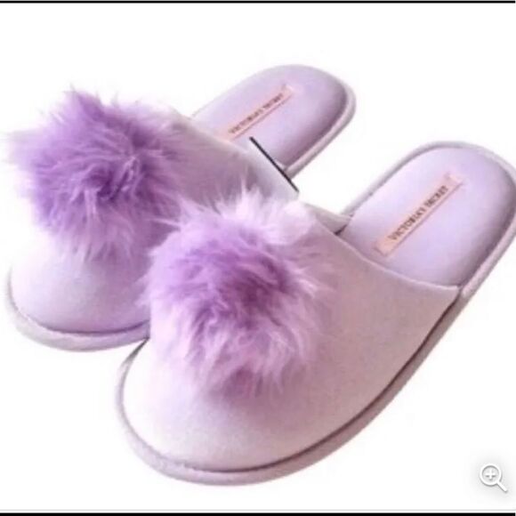 Victoria's Secret Pom Pom Lavender Lilac Slippers - Picture 2 of 8